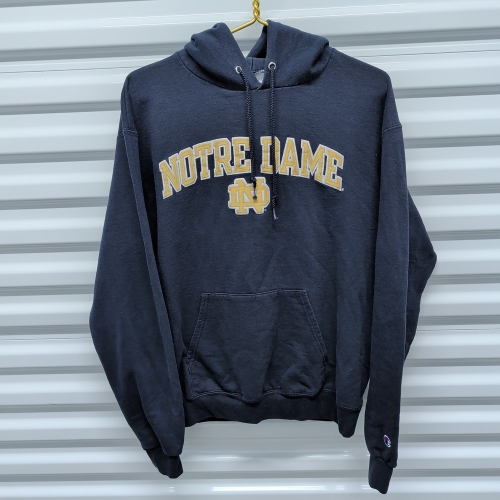 Champion Notre Dame Hoodie Size M Mens Navy Blue Embroidered Spellout Logo NCAA — photo 2